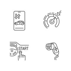 Smart car technologies linear icons set. Charging plug, remote access, cruise control, keyless ignition customizable thin line contour symbols. Isolated vector outline illustrations. Editable stroke