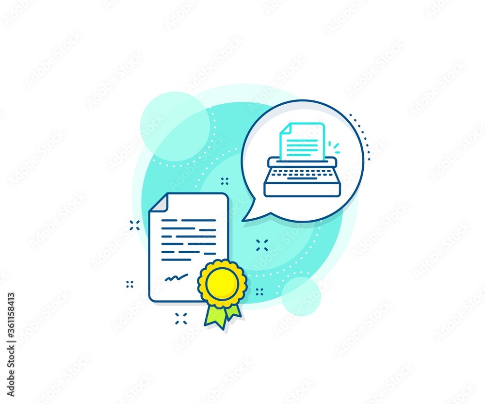Poster copywriting sign. certification complex icon. typewriter line icon. writer machine symbol. certifica