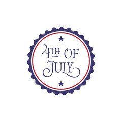 4th of July badge with lettering text. Hand drawn calligraphy design for Independence Day celebration. United States of America national holiday.