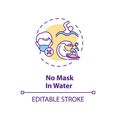 No mask in water concept icon. Beach safety idea thin line illustration.Man in mask, swimmer, surfer on surfboard. Vector isolated outline RGB color drawing. Editable stroke