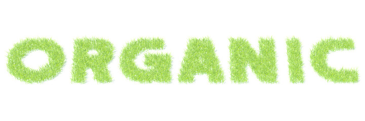 ORGANIC text made with green grass on white background, 3D rendering