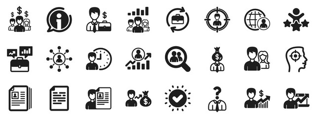 Business networking contract, Job Interview and Head Hunting contract icons. Human Resources, head hunting icons. CV, Teamwork and Portfolio symbols. Business career, human, interview. Vector