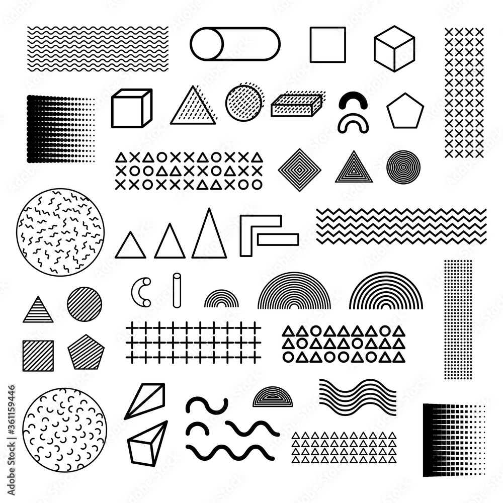 Poster memphis graphic retro black thin line element set. vector