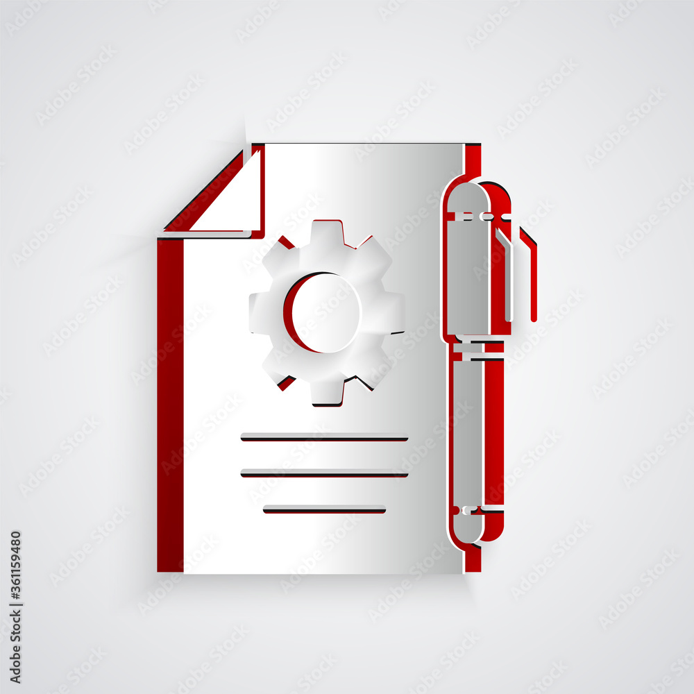 Poster paper cut document settings with gears icon isolated on grey background. software update, transfer p