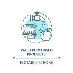 Wash purchased products concept icon. Safe shopping guidelines idea thin line illustration. Hygienic wash fresh vegetables and fruits. Vector isolated outline RGB color drawing. Editable stroke