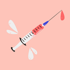 Vaccination medical banner vector art. Hand drawn syringe with medicine cartoon design