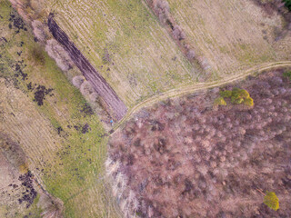 Early spring top down drone landscape.