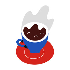 Coffee cup saucer, hand drawn illustration, stylized icon, flat colored doodle art, hot espresso drink with steam, good as icon or logo