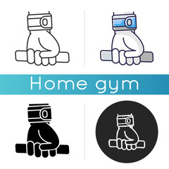 Wrist wraps icon. Linear black and RGB color styles. Workout accessory for wrist support. Fitness training, physical exercise. Sweat absorbing sport wristband isolated vector illustrations