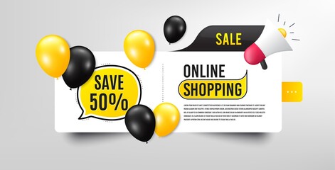 Save 50% off. Sale banner with balloons. Sale Discount offer price sign. Special offer symbol. Speech bubble megaphone. Online shopping banner with balloons. Discount promotion. Vector