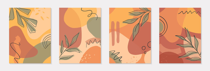 Fototapeta na wymiar Set of artistic modern vector illustrations with organic shapes,leaves,graphic elements.Terracotta art prints.Trendy contemporary design perfect for banners templates;social media,invitations;covers.