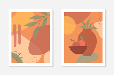 Set of artistic modern vector illustrations with vase,leaves,organic shapes and peaches.Terracotta art prints.Trendy contemporary design perfect for  banners templates;social media,invitations;covers