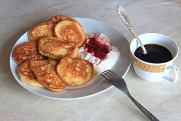 breakfast with pancakes on a summer morning