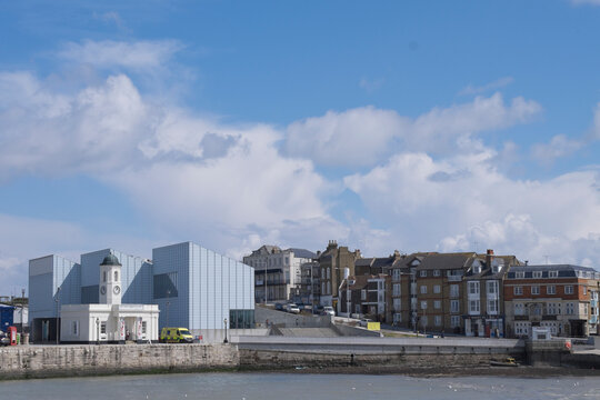 View on Margate with harbor, pier, city and the Turner Contemporary Art Gallery and Harbour Company Office, now used as a Tourist Information Centre