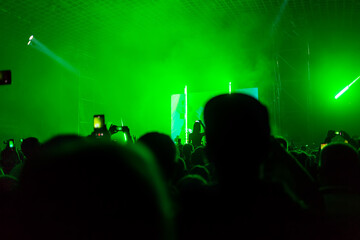 Fototapeta na wymiar A crowd of people at the concert have fun and dance to the music at the concert. Green background. Rear view. The concept of entertainment and relaxation
