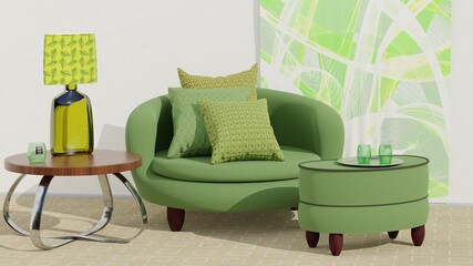 Livingroom with armchair, sidetable and pouff