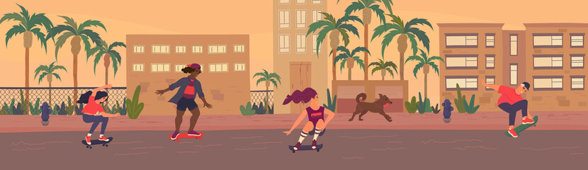 Web Banner With Girls And Boy Riding, Jumping Skateboard Down The Street. Teenage Skaters Having Fun In Evening In Ghetto. Houses, Garages, Palms, Running Dog On Background. Panoramic View Flat Vector