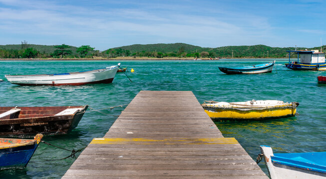 fisherman canoes anchored in a tropical colorful landscape