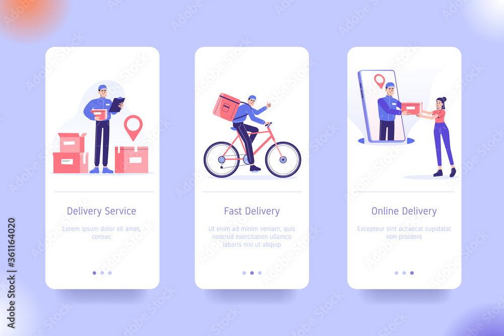 Poster application design set for delivery service, fast delivery and online delivery. ui on boarding scree