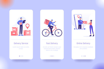 Application design set for Delivery Service, Fast Delivery and Online Delivery. UI on boarding screens design. Mobile app template. Modern vector illustrations for user interface