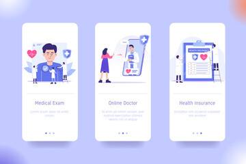 Application design set for Medical Exam, Online Doctor and Health Insurance. UI onboarding screens design. Mobile app template. Modern vector illustrations for user interface