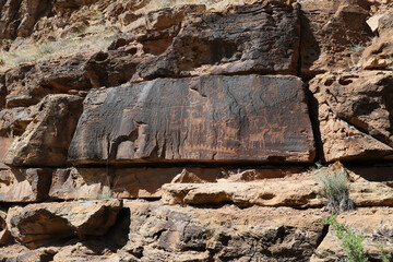 Ancient Native American Indian rock art petroglyph animals Utah 1444. Nine Mile Canyon, Utah. World’s longest art gallery of ancient native American, Indian rock art, hieroglyphs, pictographs.