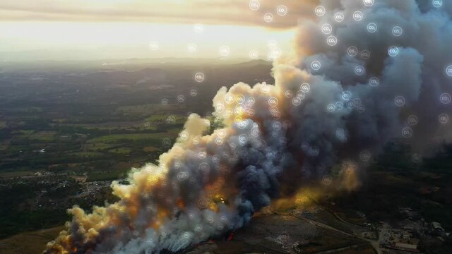 Carbon Monoxide Co2 particles rising in the air on a huge grey smoke cloud - 3D motion graphic animation - Aerial, tracking, drone view