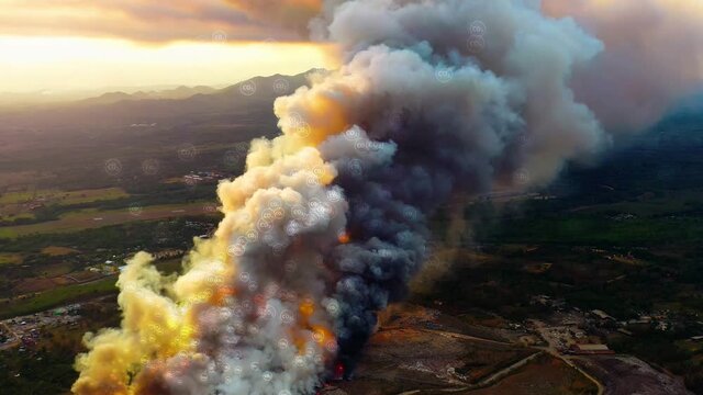 Co2 icons on a dark smoke cloud background - 3D motion graphic animation - Aerial, orbit, drone shot