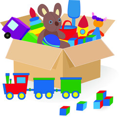 Vector illustration. Cardboard box with children's toys. Moving to another place. The concept of a happy childhood.