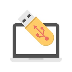Usb flash memory and laptop icon illustration in flat design style. Usb stick sign.