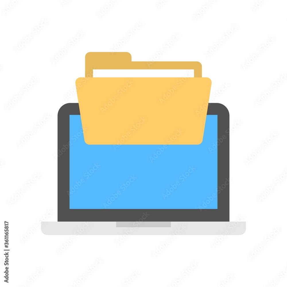 Poster computer folder icon illustration in flat design style. laptop with file archive sign.