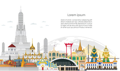 Obraz premium Thailand land of smile. Bangkok in Thailand and Landmarks and travel. background template. Vector illustration