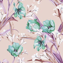 Spring Bouquet Seamless Pattern. Hand Painted Illustration. Watercolor Background.