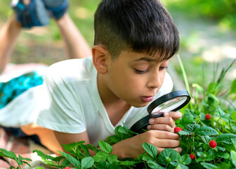 A child explores the plant world through a magnifier.