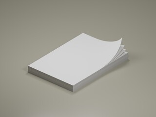 3D rendered illustration of isolated blank white paper stack, top pages corners curl up