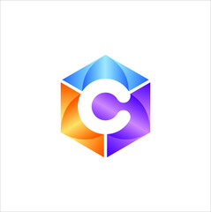 Abstract Initial Letter C Logo Design. Hexagonal Shape with Negative Space C Icon Colorful Concept.
