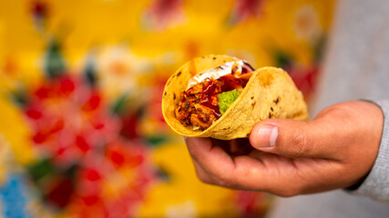 Mexican traditional authentic homemade tacos with pulled pork beef chili con carne serve with tomato salad and avocado guacamole and dip sauce