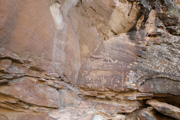 Ancient Native American Indian rock art petroglyph panel Utah 1497. Nine Mile Canyon, Utah. World’s longest art gallery of ancient native American, Indian rock art, hieroglyphs, pictographs.