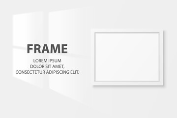 Vector 3d Realistic White Horizontal Wooden Simple Modern Frame Icon Closeup Isolated on White Wall Background with Window Light. It can be used for presentations. Design Template, Mockup, Front View