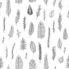 Nature elements seamless. Vector abstract graphic design. Seamless vector floral pattern. White abstract texture. Hand drawn sketch. Doodle set element.