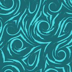 Vector turquoise waves and swirl seamless pattern. Watercolor brush strokes texture for fabric or packaging.Trend color Aqua menthe.