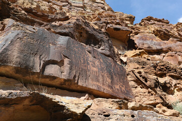 Ancient petroglyph Native American Indian rock art animal herd Utah 1441. Nine Mile Canyon, Utah. World’s longest art gallery of ancient native American, Indian rock art, hieroglyphs, pictographs.