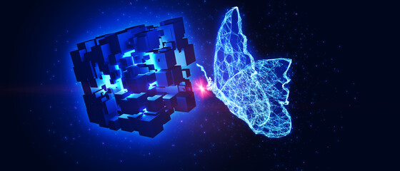 3D Illustration abstract backgrounds with cube square touch technology concept innovation to blockchain safe business digital cashless bitcoin world