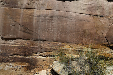 Native American Indian rock art petroglyph family Utah 1401. Nine Mile Canyon, Utah. World’s longest art gallery of ancient native American, Indian rock art, hieroglyphs, pictographs.