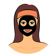 Cartoon character girl with a black cosmetic mask on her face isolated on a white background vector illustration.