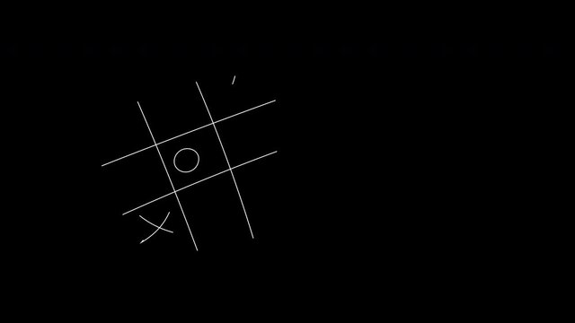 Self drawing animation of oughts and crosses. Black background. Copy space.