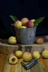 Farm fresh apricots wooden basket closeup in kitchen..