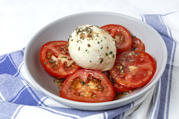 Healthy Homemade Tomato Salad with Mozzarella, Anchovies and Oregano