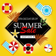 Summer Sale banner, hot season discount poster with tropical leaves,ice cream,watermelon, strawberries,and sunglasses. Invitation for shopping with 50 percent off. special offer card. in eps 10