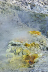 A sulfurous fumarole in the Solfatara volcano in Pozzuoli near Naples. A fumarole is an opening in the crust of the earth emitting gases or steam.